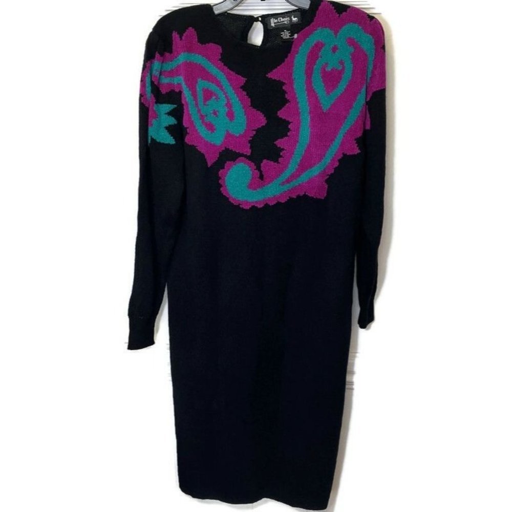 Vintage-Inspired Black Long Sleeve Sweater Dress with Teal & Magenta Paisley